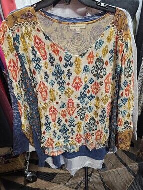 24 Farmer's Market Multicolor Boho V-Neck Tunic - Teal/Coral/Gold Print